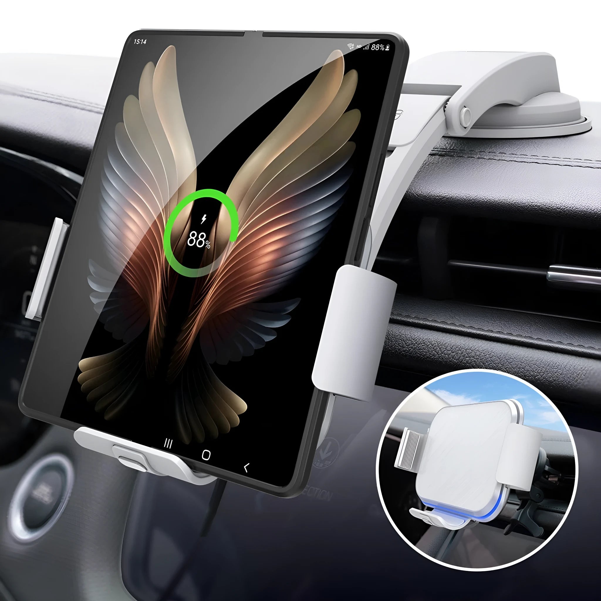 Wireless charging car phone holder with folding screen and multiple mounting accessories including air vent clip and suction cup bracket