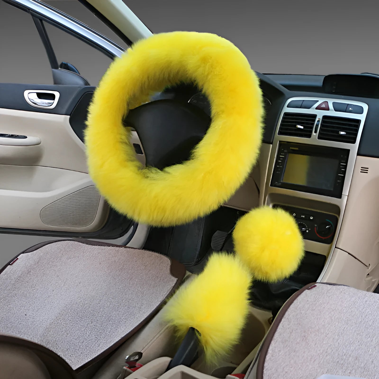 Wool and cashmere blend steering wheel cover and two matching handle covers set for 38cm diameter wheels.