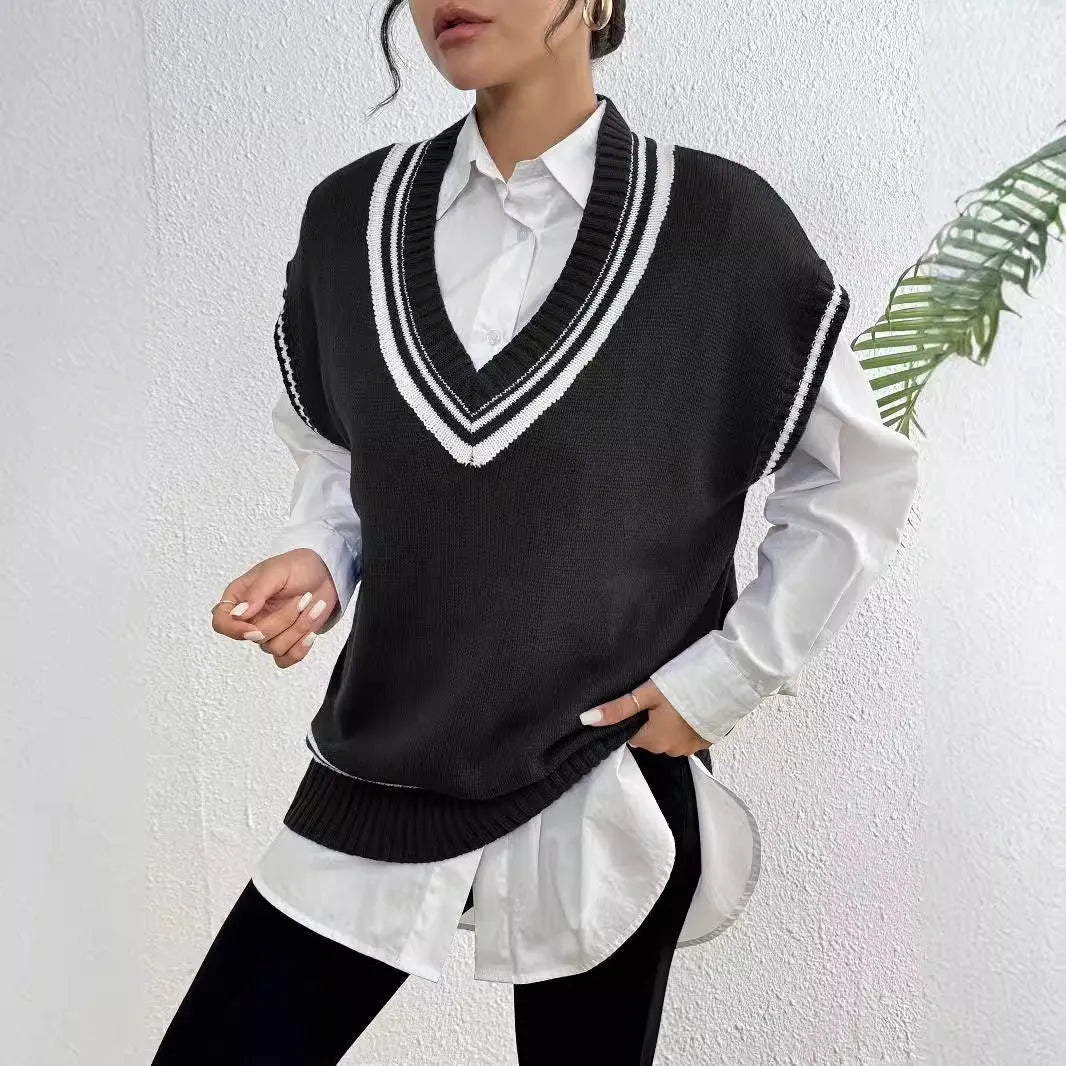 Women's loose fit college style vest sweater in blue, coffee, or black colour.