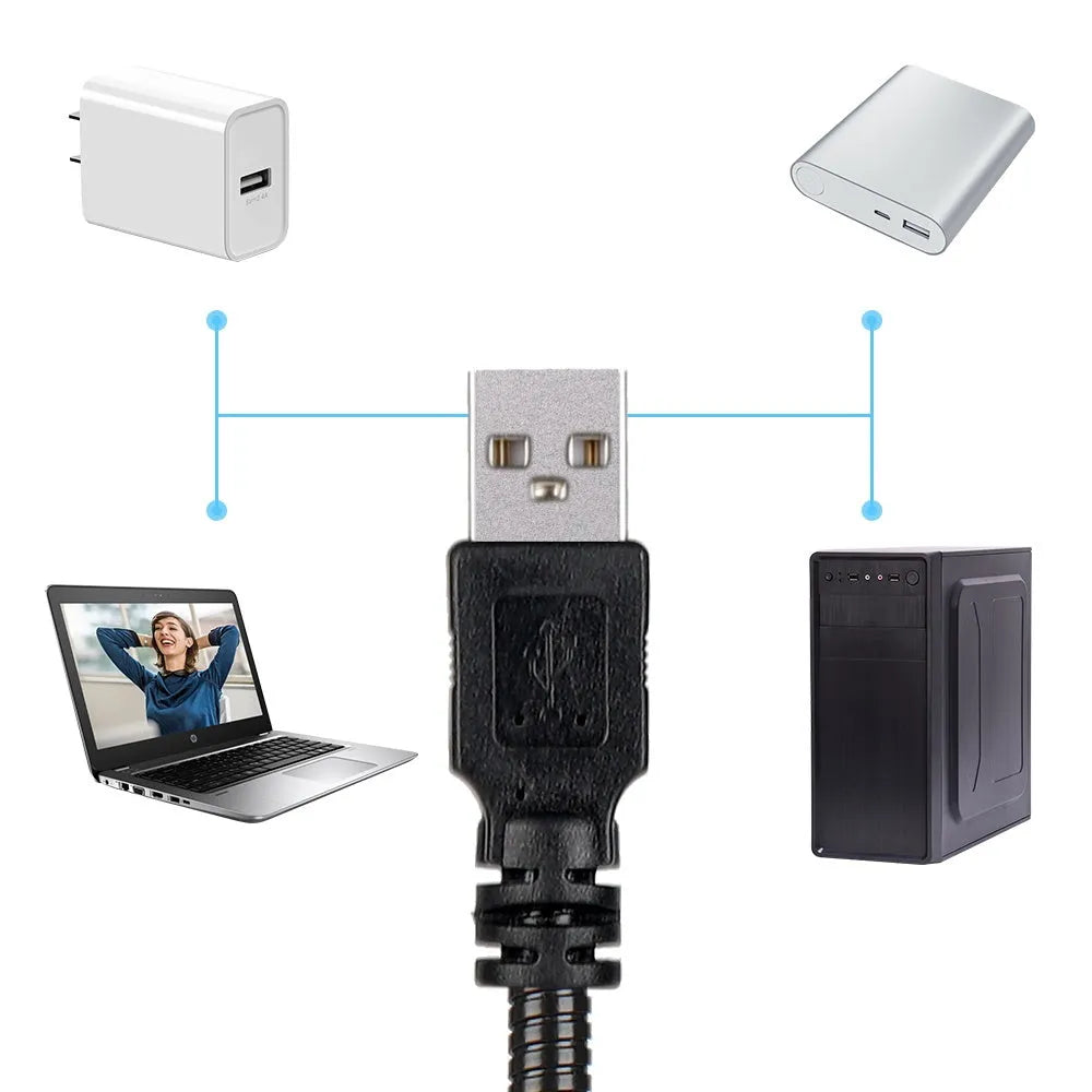 Earth and moon LED projector lamp on its adjustable hose bracket, showing USB cable.