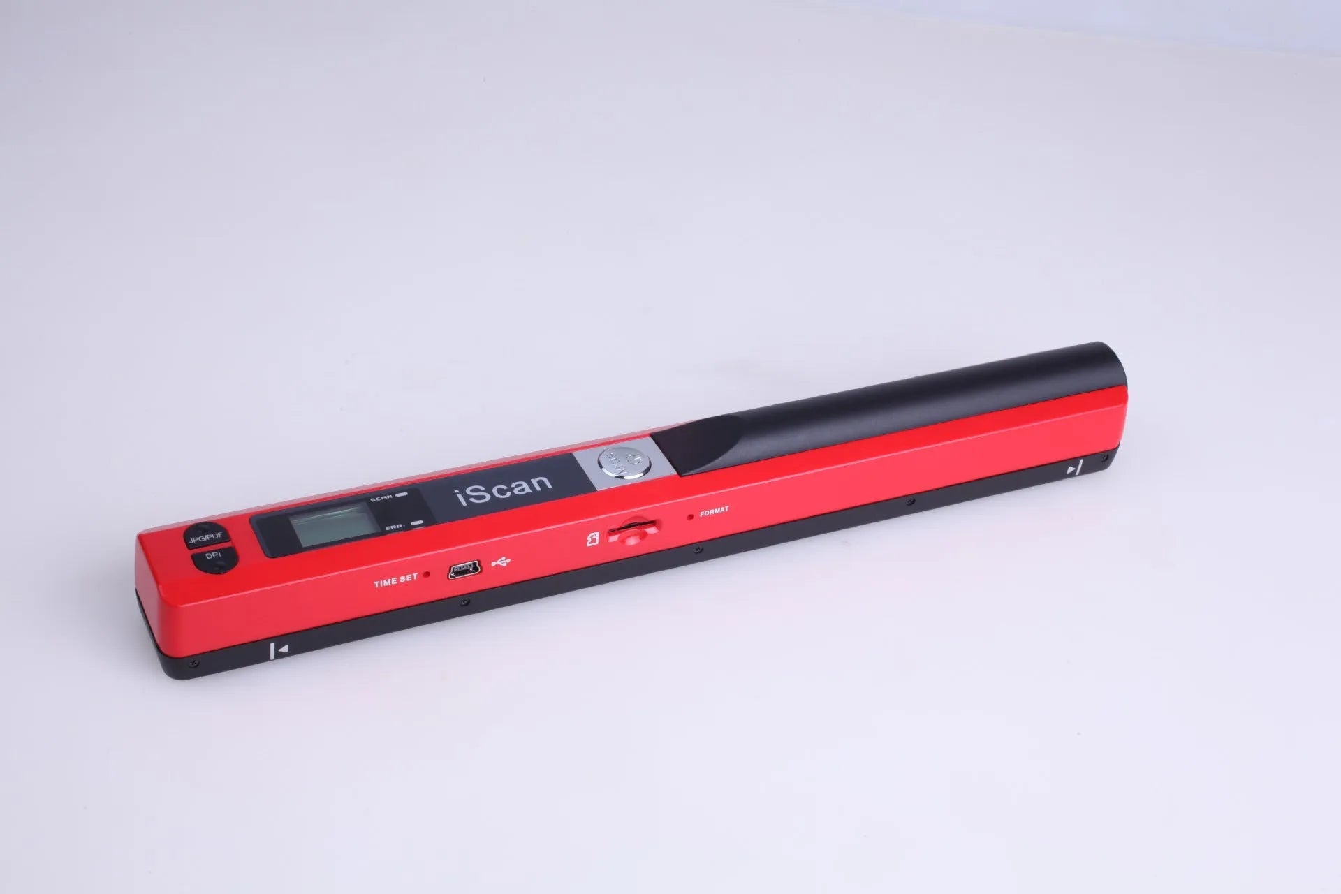 Handheld plastic scanner in multiple colours including black, blue, green, red, and silver with a USB cable.