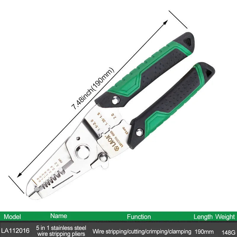 Stainless steel 7-in-1 wire stripper with straight handle and seven precision ports from 0.8mm to 3.2mm