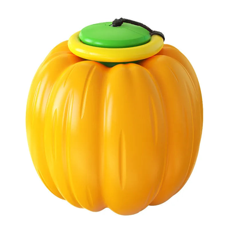 Orange plastic pumpkin-shaped dog chew toy with a squeaker, shown next to a measuring tape indicating its 68mm size.