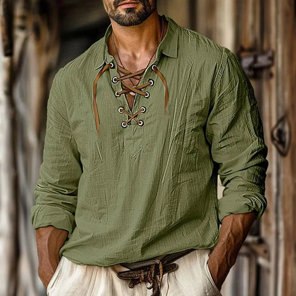 Men's plus size loose fit linen shirt with lapels and long sleeves in a solid colour.