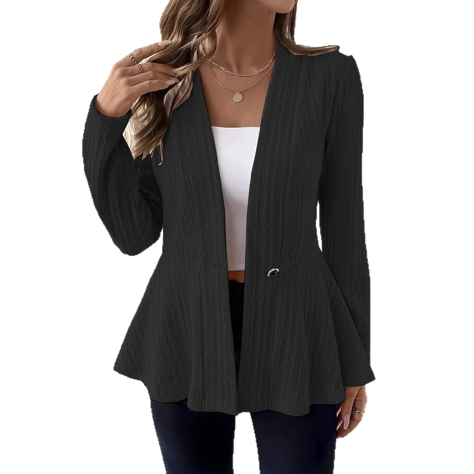 Women's apricot jacquard knit cardigan with one button front closure