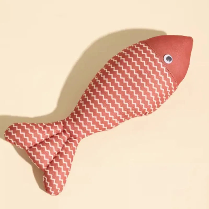 Catnip fish toy in blue, red, or yellow with measured dimensions for feline play