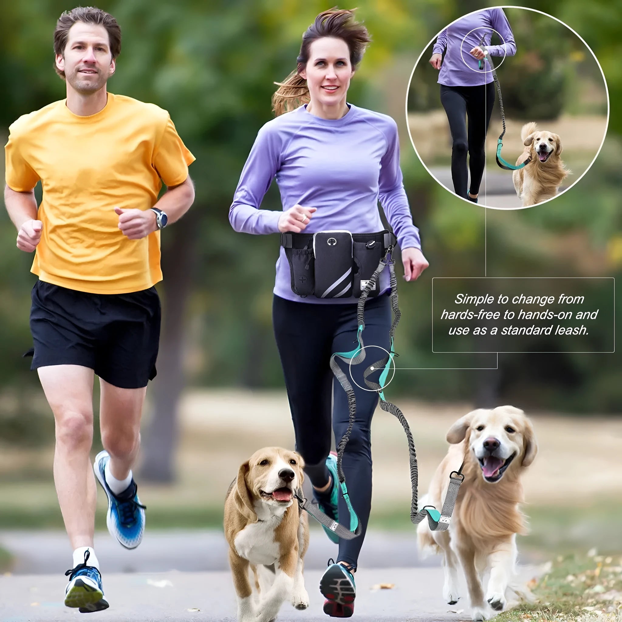 Black nylon outdoor pet training waist bag set with adjustable dog walking leash for hands-free control