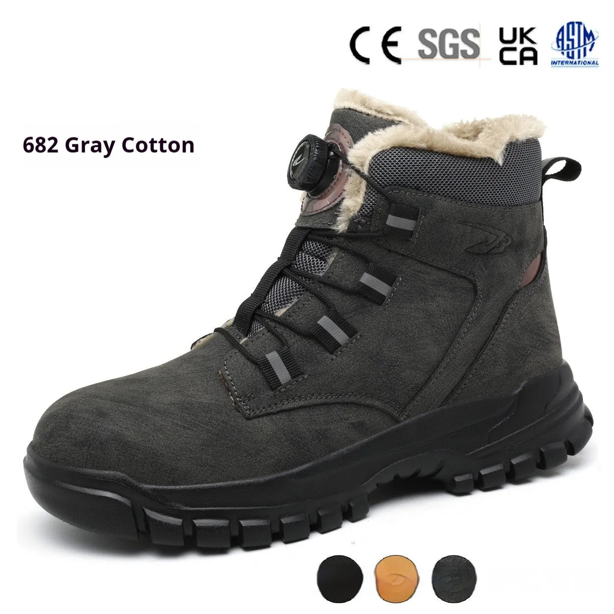 Leather safety work boots with rubber soles in black, yellow, and grey colour options.