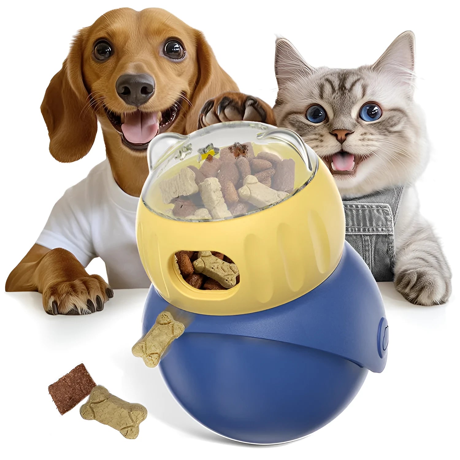 Owl-shaped plastic tumbler cat puzzle toy in Morandi yellow and blue colours.
