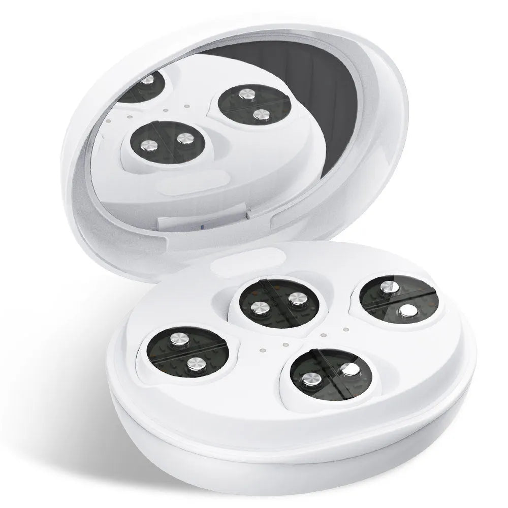 White handheld red light EMS facial and eye beauty massager device on a plain background.