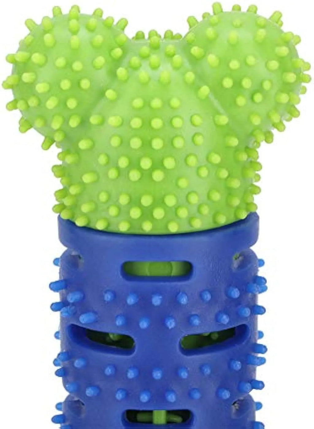 Blue and green silicone dog dental chew stick with textured cleaning surface and nodules for gum massage.