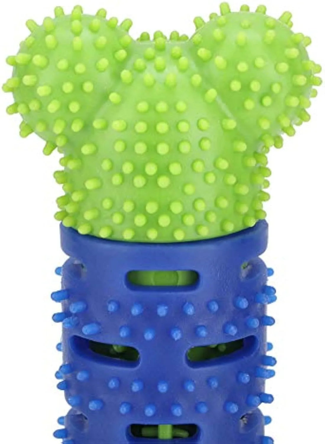 Blue and green silicone dog dental chew stick with textured cleaning surface and nodules for gum massage.