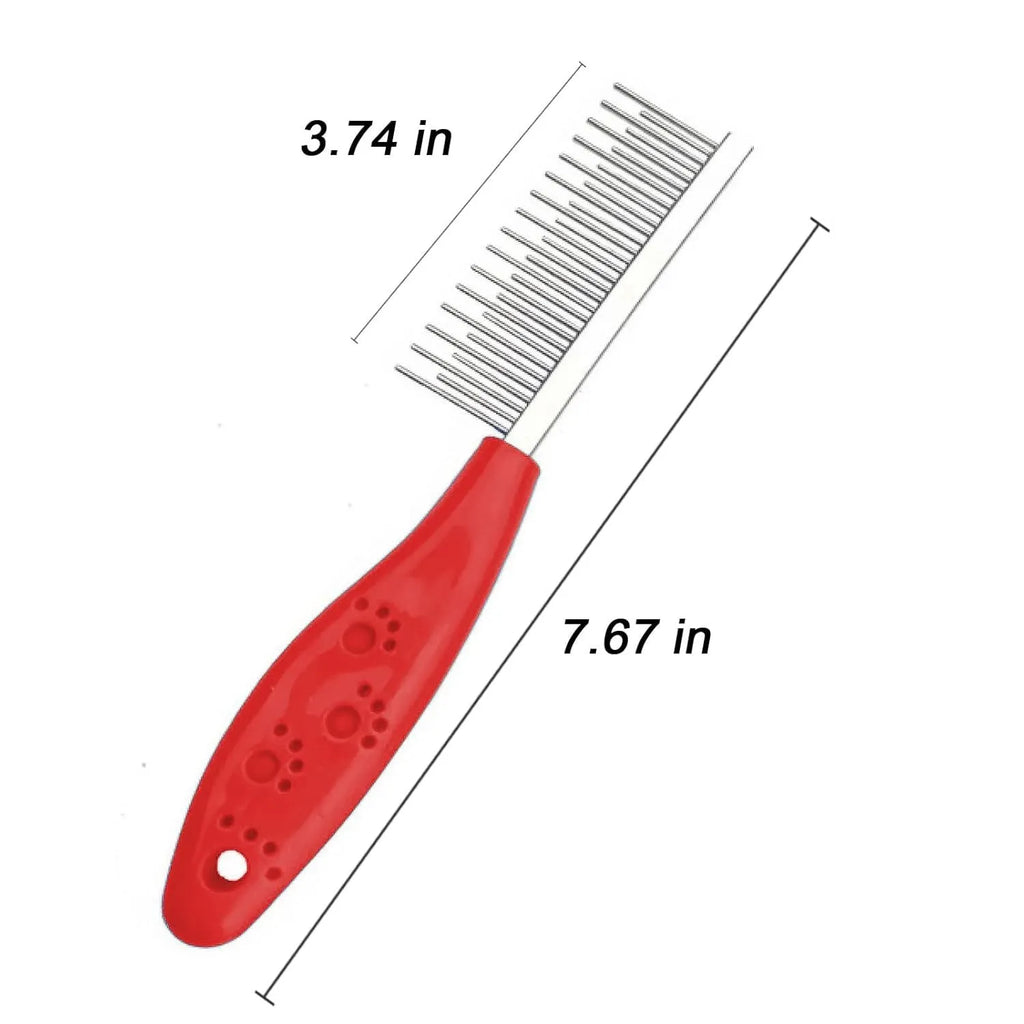 Stainless steel pet grooming comb with short and long teeth and red plastic handle
