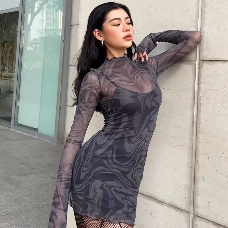 Women black mesh halter print bodycon dress two-piece set with long sleeves