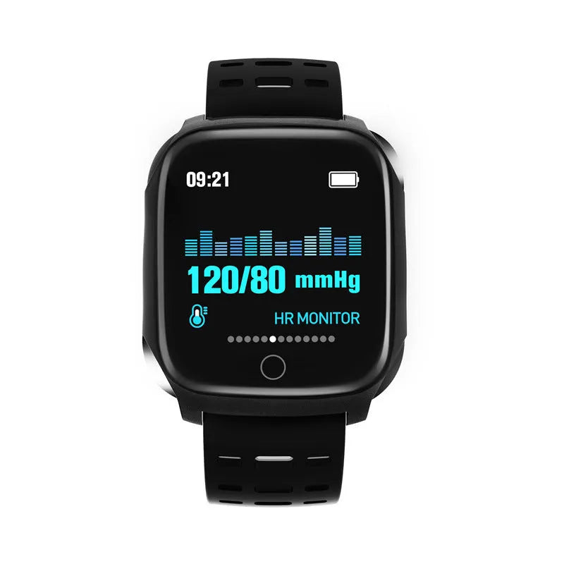 F16 Smart Watch with ECG and blood pressure monitoring on a black silicone wristband.