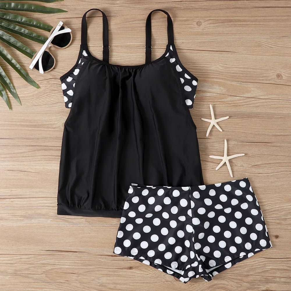 Women's polka dot boxer swimsuit with high waist conservative style in polyester fabric