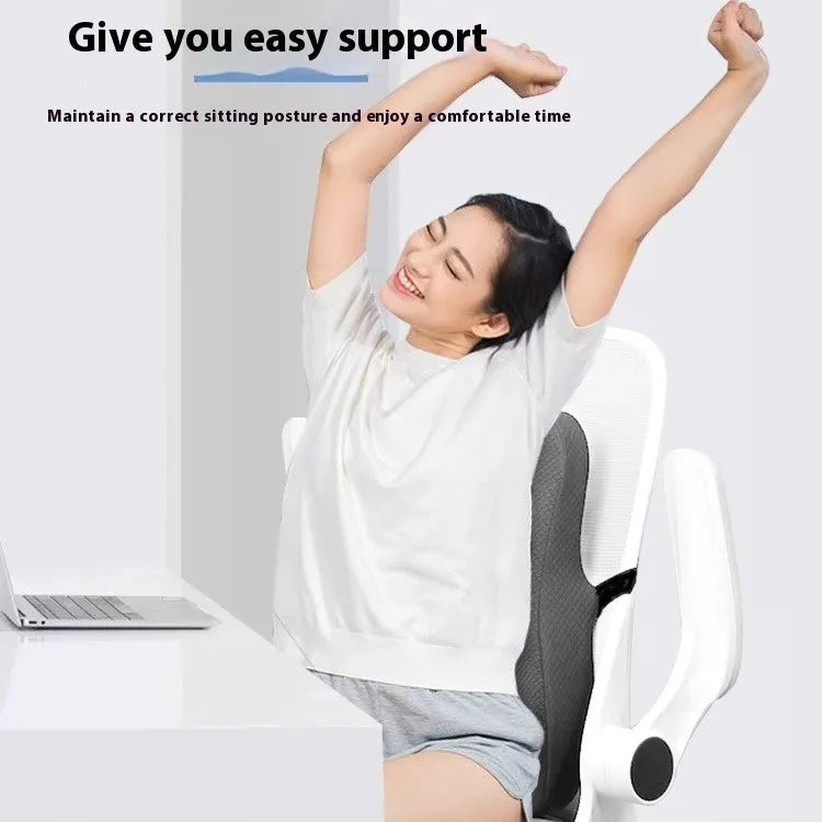 Grey lumbar support pillow for office chair measuring 40cm by 40cm.