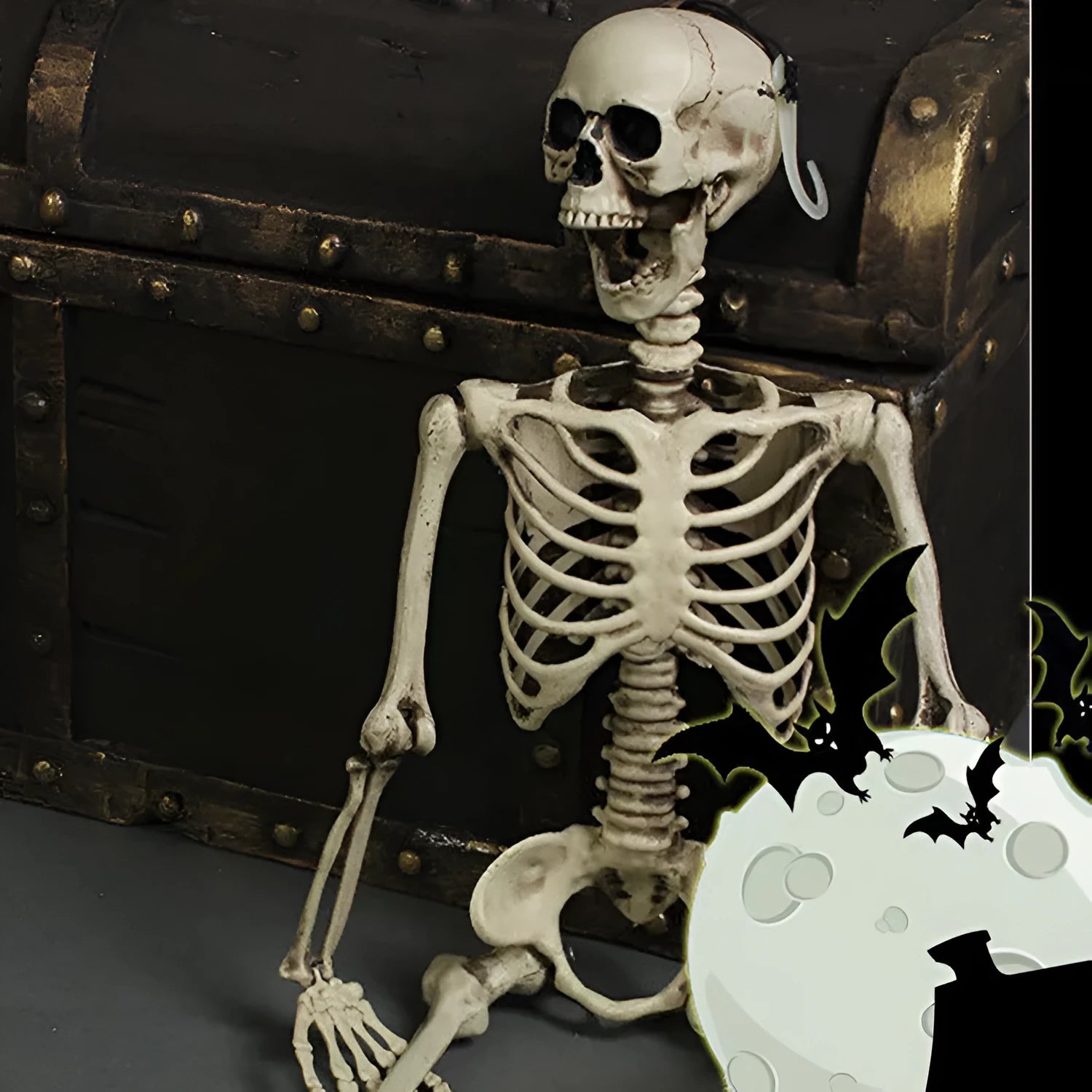 Full-size 170cm tall plastic skeleton skull prop displayed upright