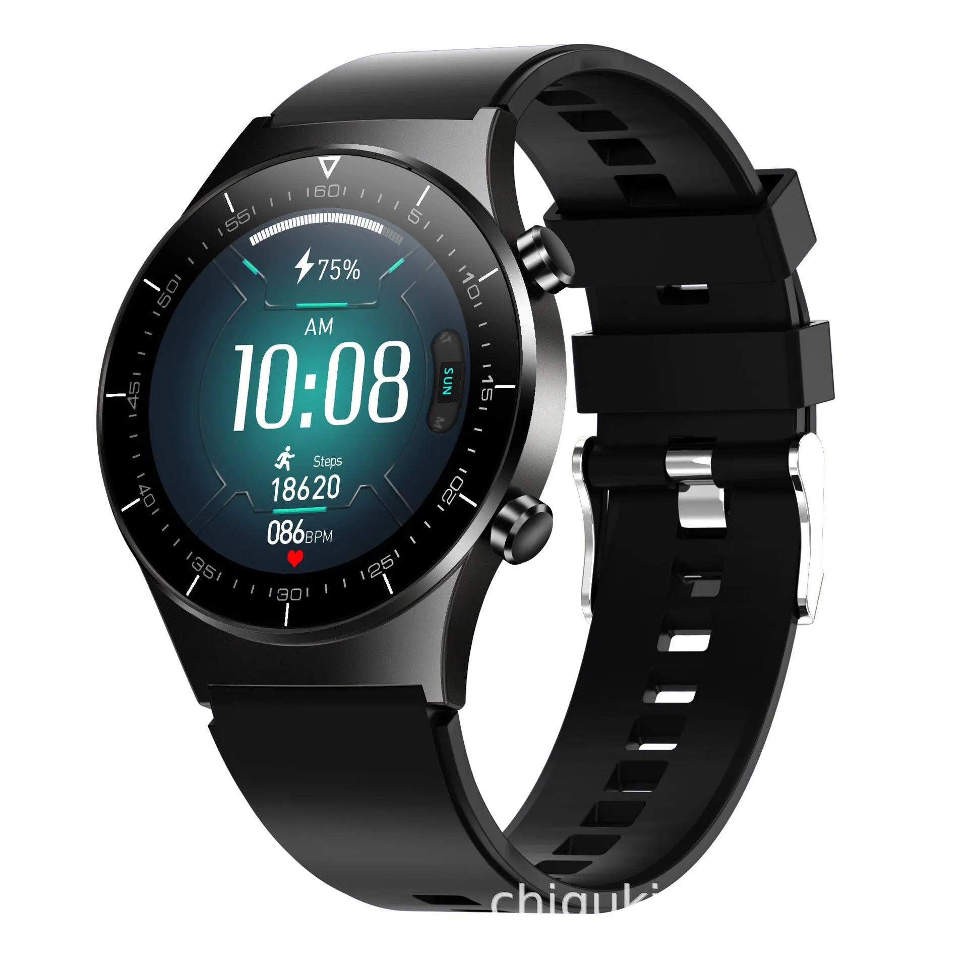 Black smart watch with 1.3 inch touchscreen displaying heart rate and blood pressure readings