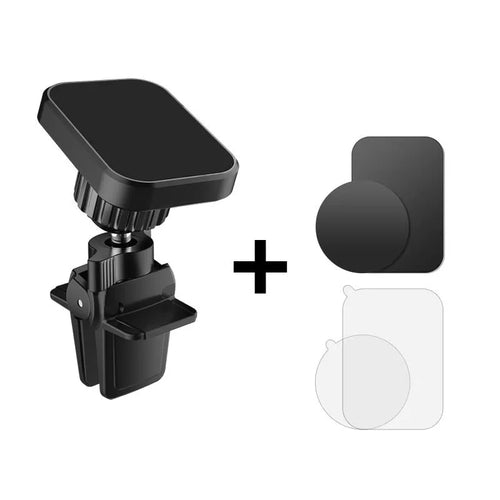 Black magnetic car phone holder mounted on car air conditioning vent with smartphone attached