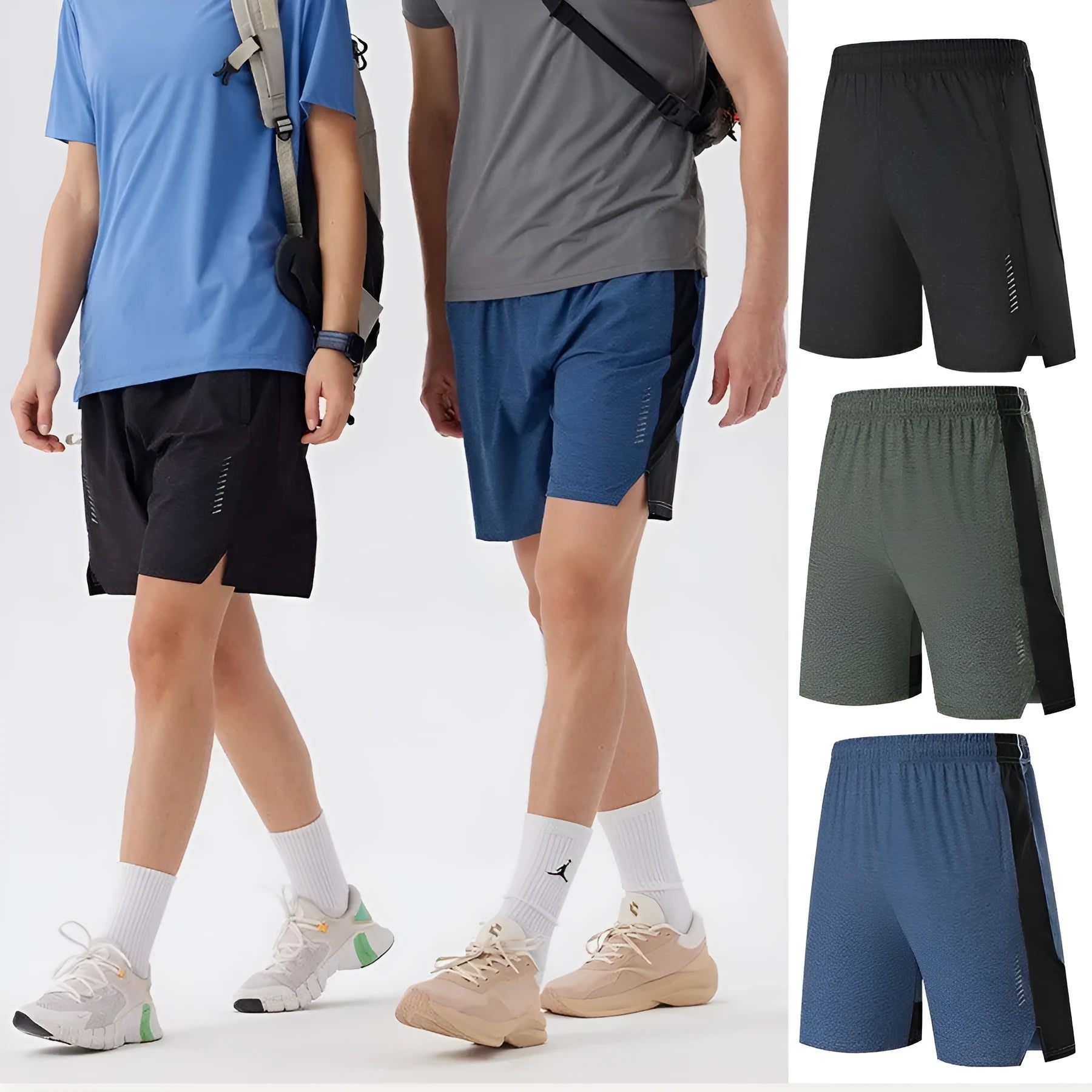 Men's casual spandex shorts in forest green showing stretch fabric and mid-waist design
