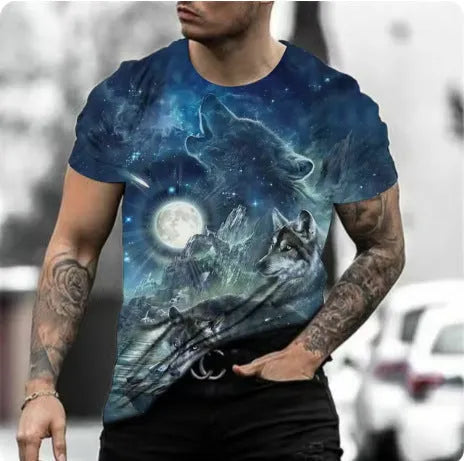 Retro 3D animal graphic printed on a men's grey short-sleeved T-shirt.