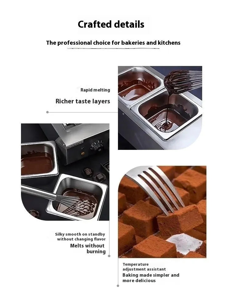 Commercial electric chocolate melting machine with double pot and temperature control display.