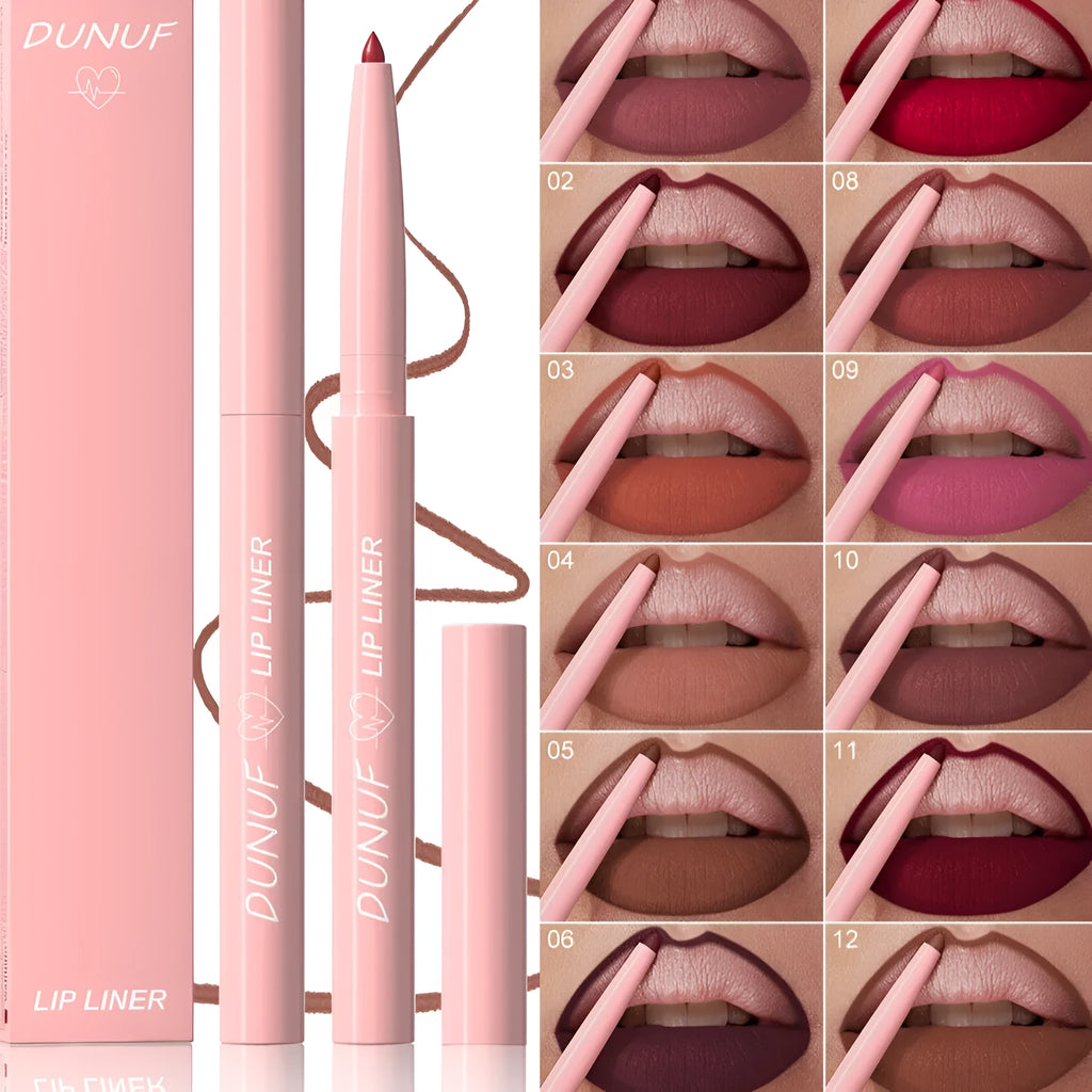 Matte velvet lip liner pencil showing 12 colour shades from nude to plum