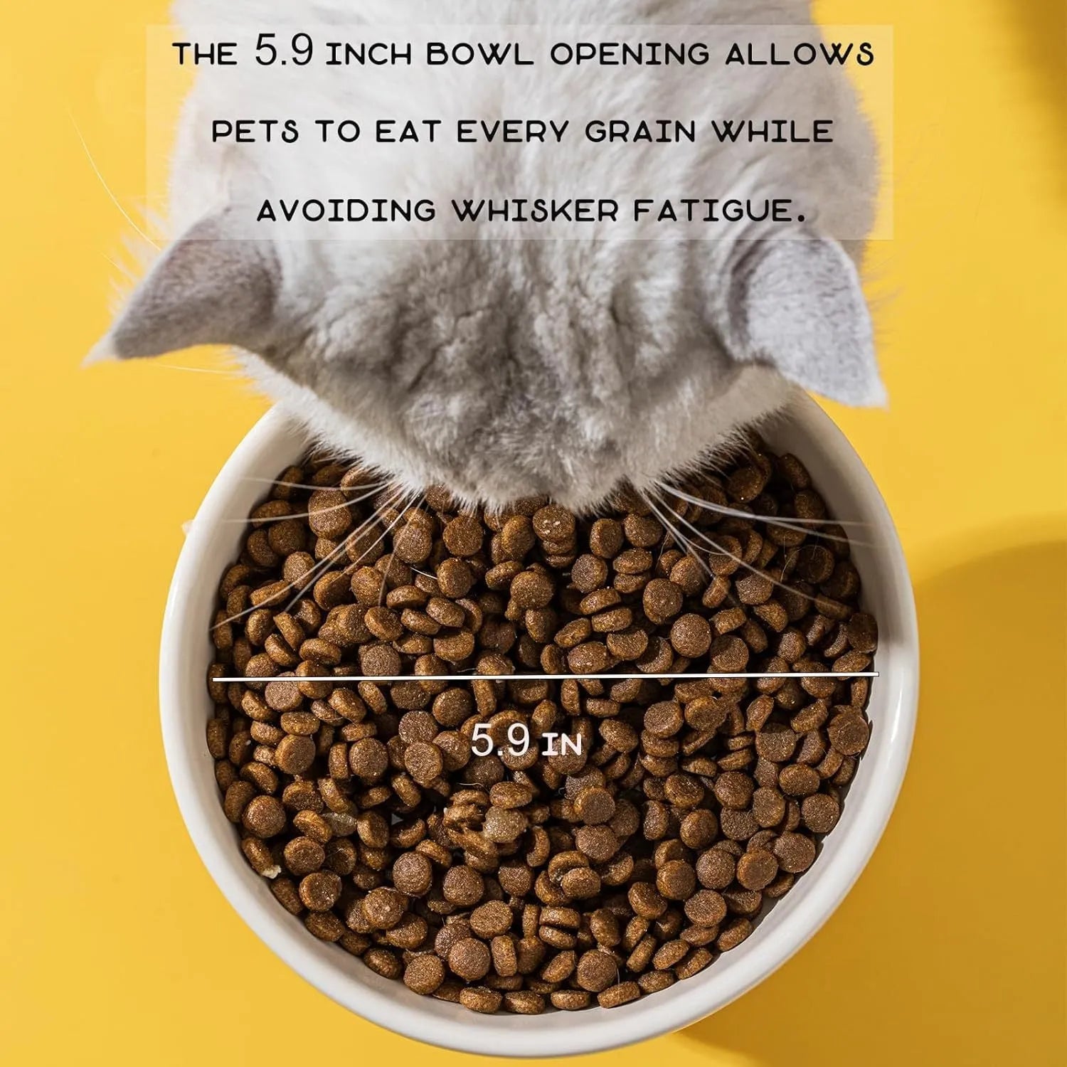 Raised ceramic cat food bowl in animal design, showing elevated height and wide bowl.