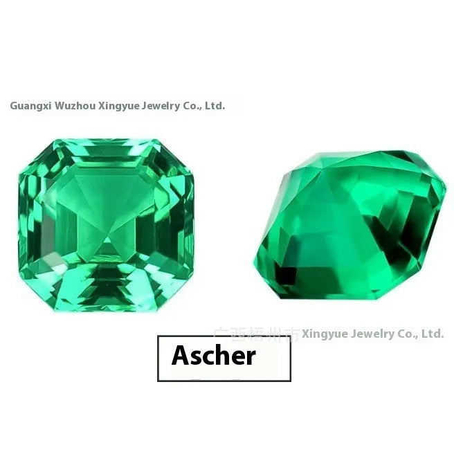 Synthetic emerald loose stone in Columbia green treasure colour showing round and cushion cut options