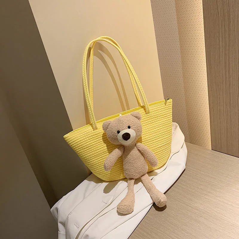 Cotton linen woven dumpling shaped bag with double straps and three-dimensional pocket in multiple colour options