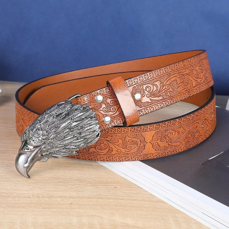 Men's black cow head buckle belt with detailed alloy casting on an imitation leather strap.