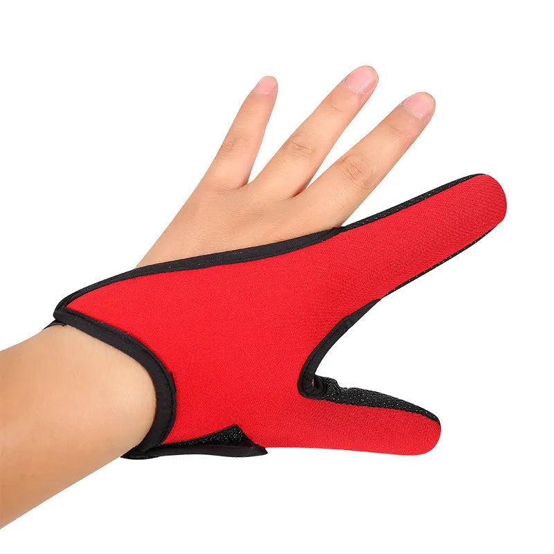 Two-finger fishing tackle glove in black colour, showing diving cloth back and microfiber palm material.