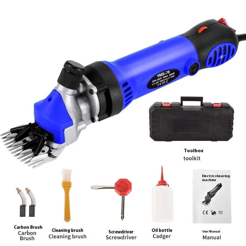 Yellow electric wool shearing machine with 110V plug and complete accessory kit including multiple comb sets
