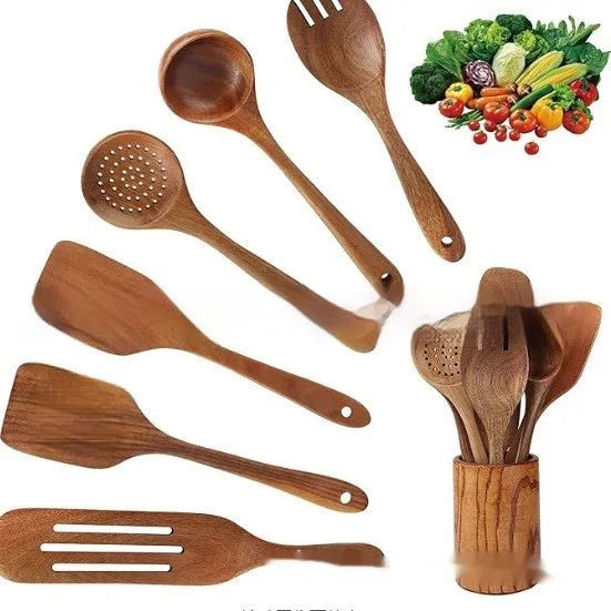 Wooden 7-piece kitchen utensil set including spatula and soup spoon in box suit packaging.