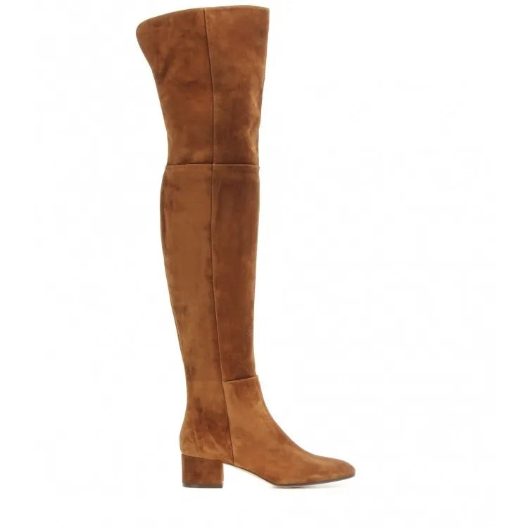Grey suede women's flat over-the-knee boots with pointed toe and thick rubber sole