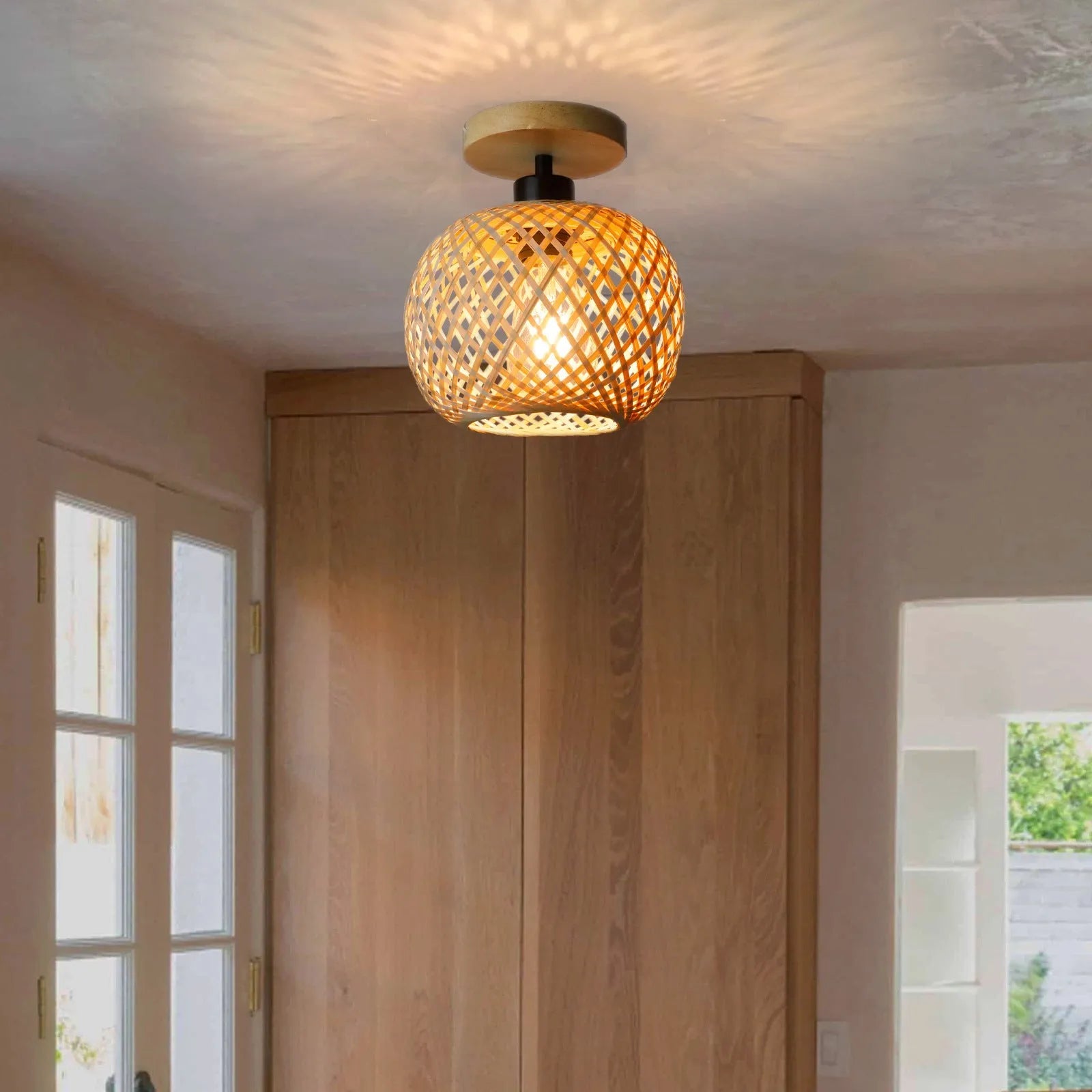 Japanese-style woven bamboo ceiling pendant light with a wood-colour finish, shown from below.