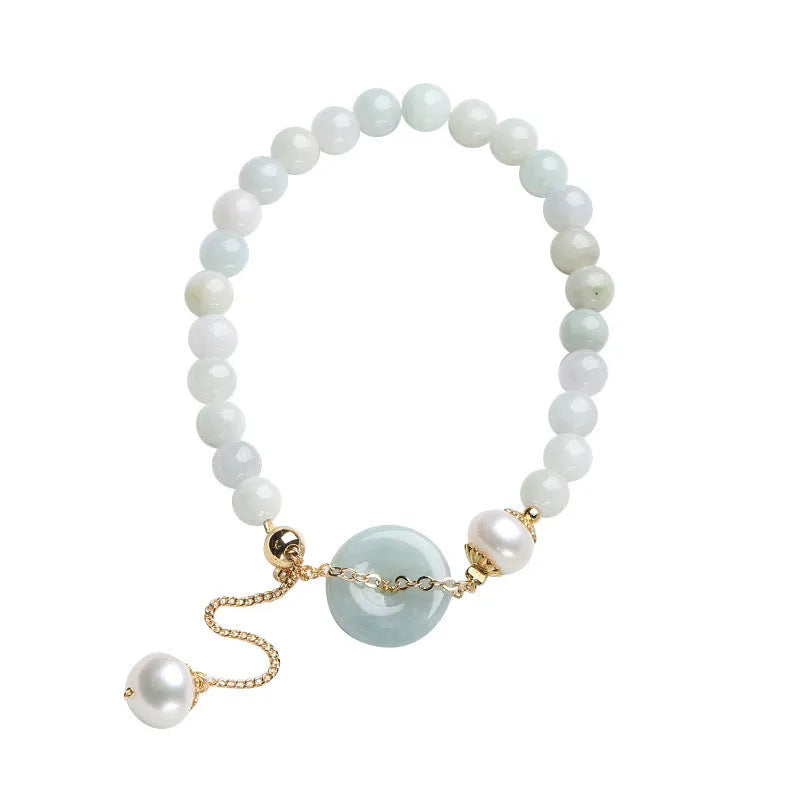 Natural jade peace buckle pearl bracelet for women with round pendant on pearl string