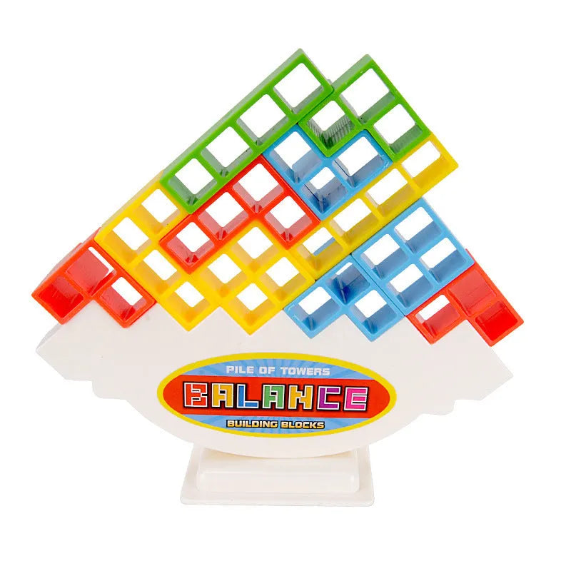 Plastic balance stacking game with 16 coloured building blocks, chassis, and base on a table
