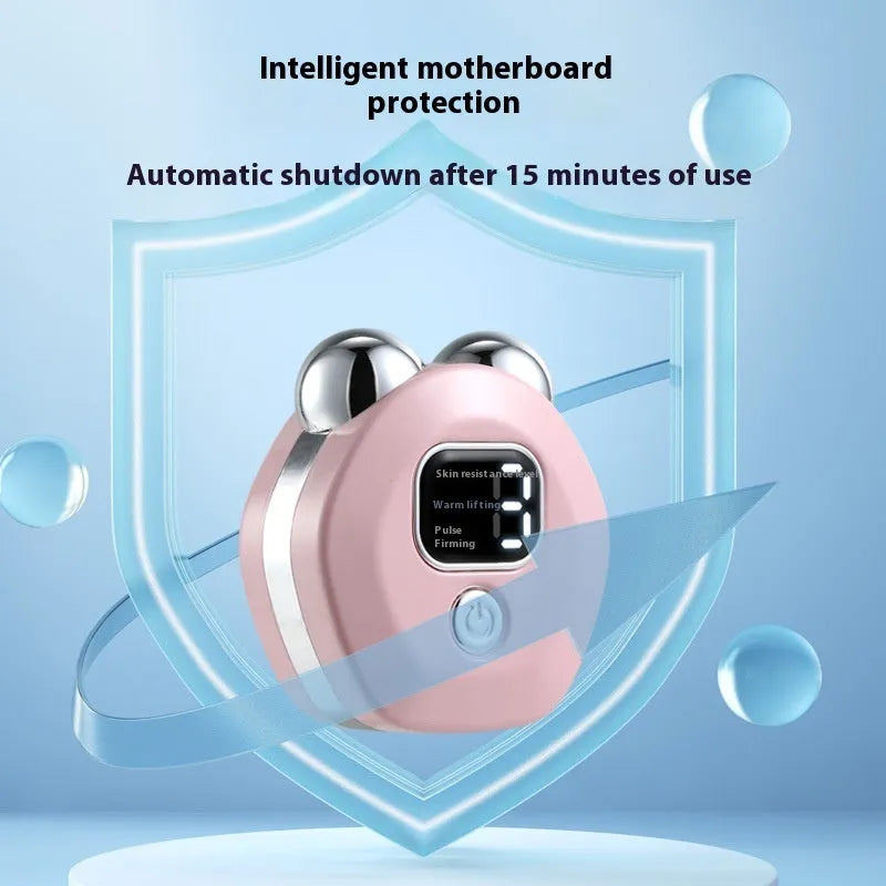 Portable white facial massage instrument with a dual-roller head for hot compress and microcurrent therapy.