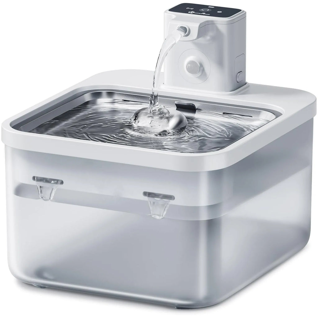 Intelligent self-circulating rechargeable wireless pet water dispenser in white with stainless steel tray