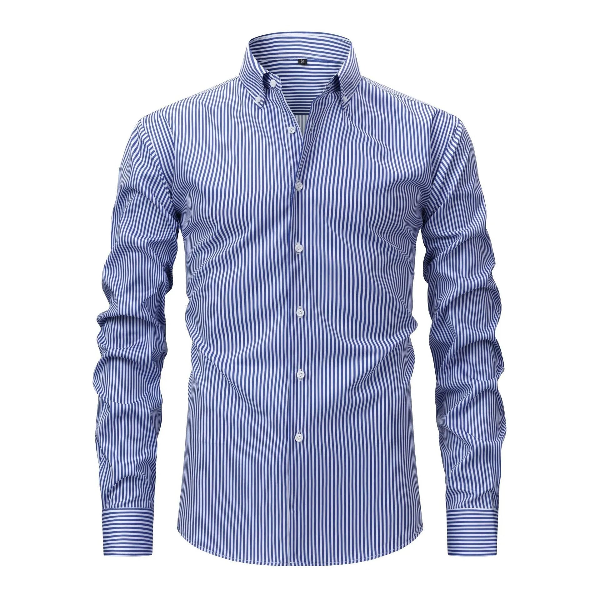 Men's striped business casual shirt with lapel collar and long sleeves in non-iron fabric