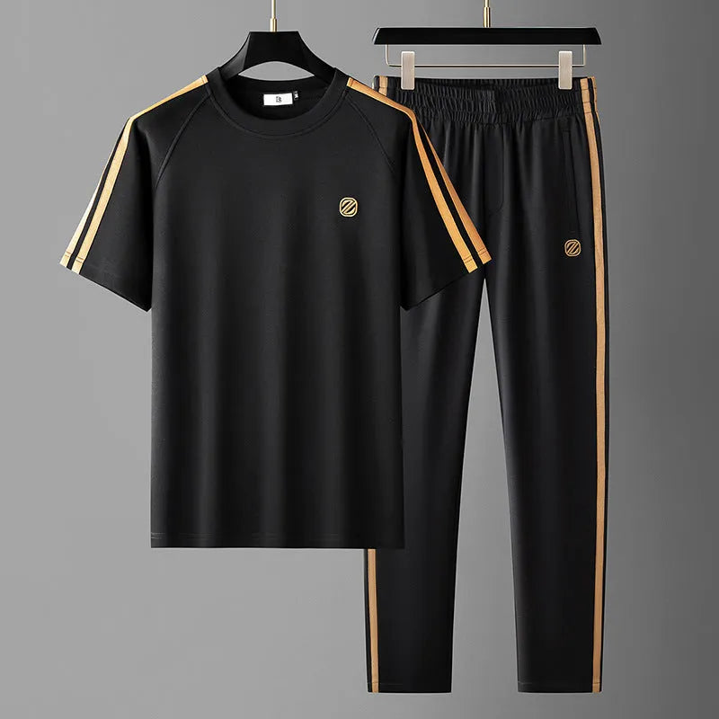 Men's ice silk style short sleeve sports suit in blue apricot black breathable polyester set