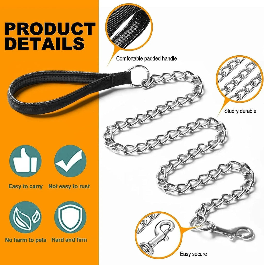 Heavy duty chrome metal dog leash chain with a black soft padded handle.