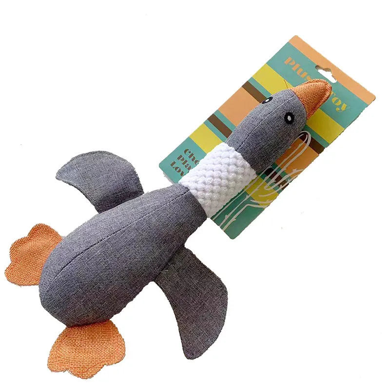 Green blue or grey durable plush duck dog chew toy with squeaker, 33 cm long.