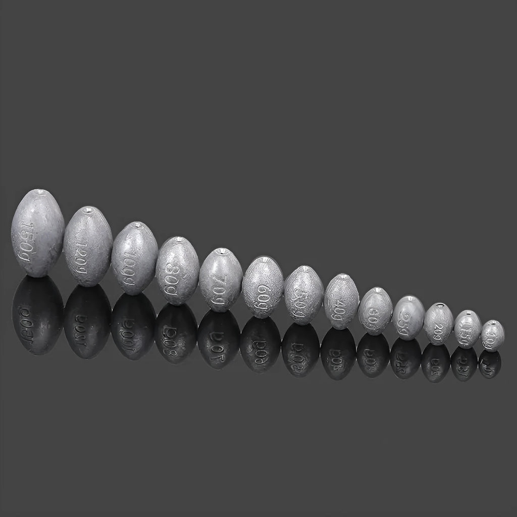 Olive green rugby-shaped fishing sinker with scale texture, showing plastic core construction and weight markings.