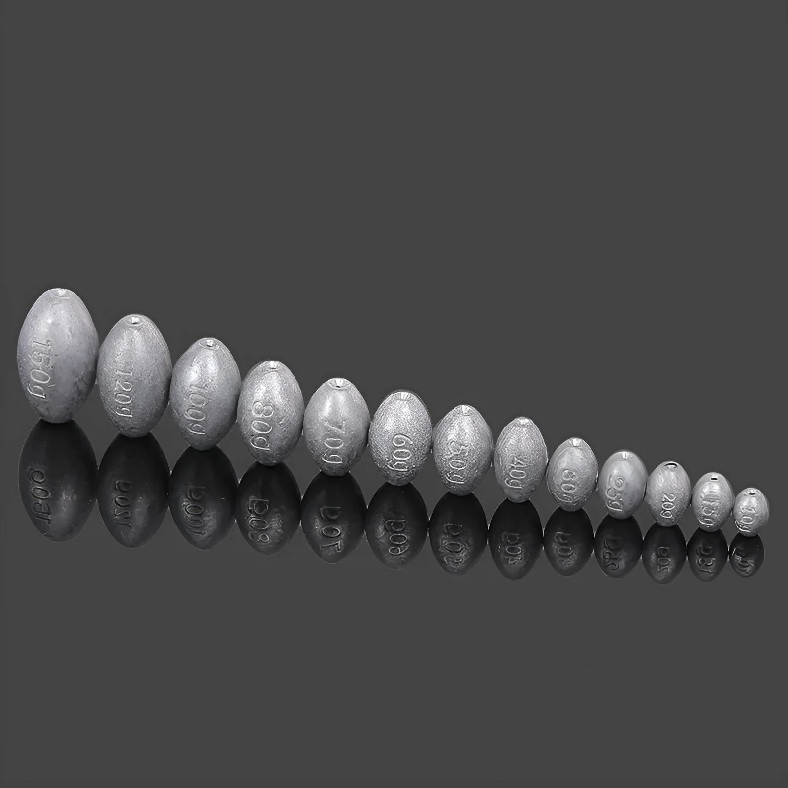 Olive green rugby-shaped fishing sinker with scale texture, showing plastic core construction and weight markings.