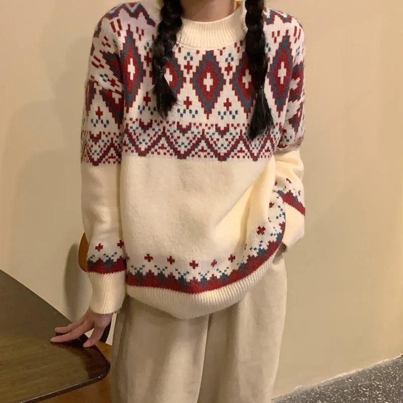 Retro striped pullover knitted top with loose fit and long sleeves