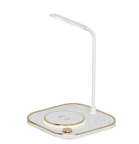 Black wireless charging desk lamp unit with smartphone charging on surface