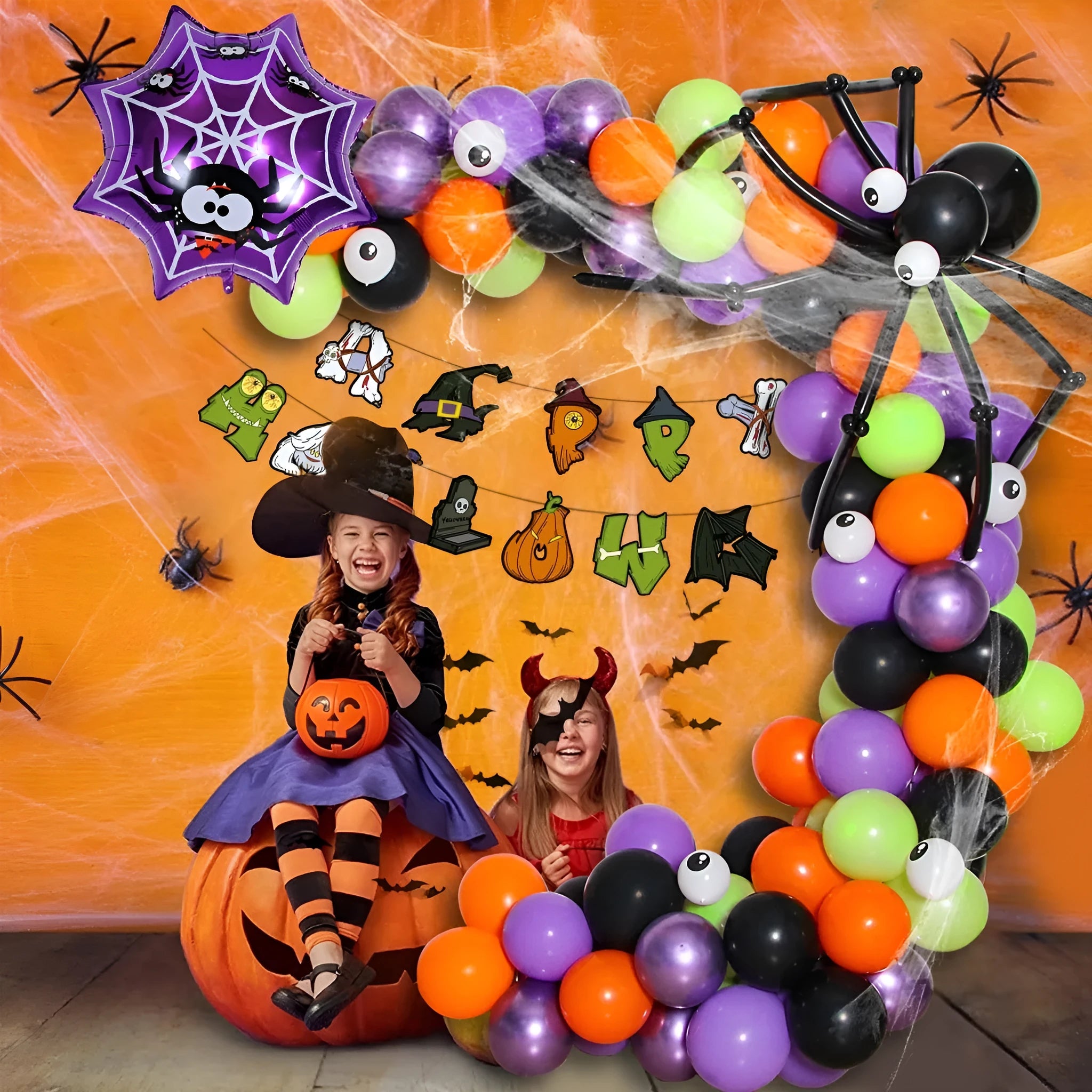 Halloween spider balloon arch combo with white and black skull and pumpkin latex balloons